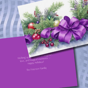 Cartão De Festividades Watercolor Christmas Evergreen Ribbon Purple Red