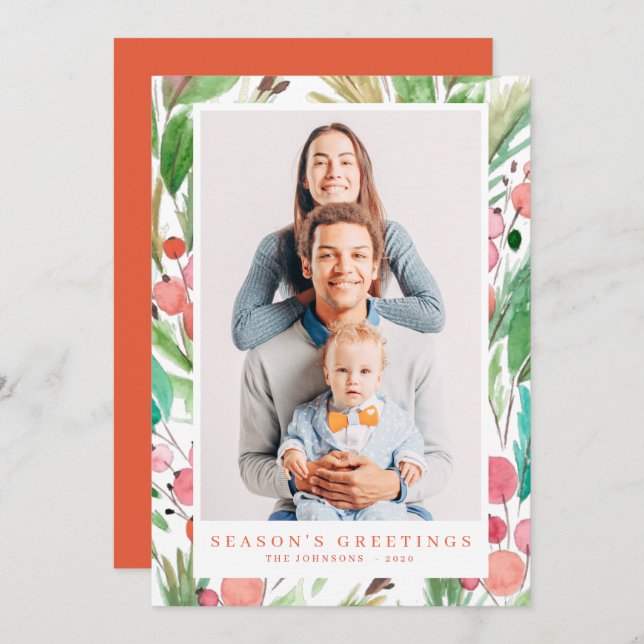 Cartão De Festividades Watercolor Christmas Foliage Botanicals Modern (Frente/Verso)