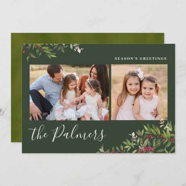 Cartão De Festividades Watercolor Christmas Foliage Family Signature Holi (Frente/Verso)