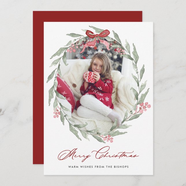 Cartão De Festividades Watercolor Christmas Foliage Wreath Photo (Frente/Verso)