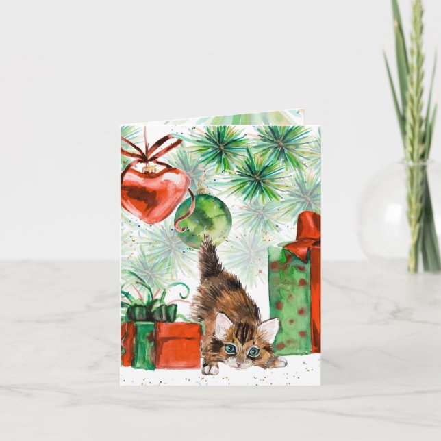 Cartão De Festividades Watercolor Christmas Kitten Tree Presents (Frente)