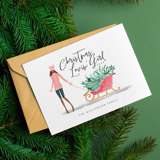 Cartão De Festividades Watercolor Christmas Lovin' Girl Pulling Sleigh (Watercolor Christmas Lovin' Girl Pulling Sleigh Holiday Card)