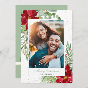 Cartão De Festividades Watercolor Christmas Poinsettia + Greenery Holiday