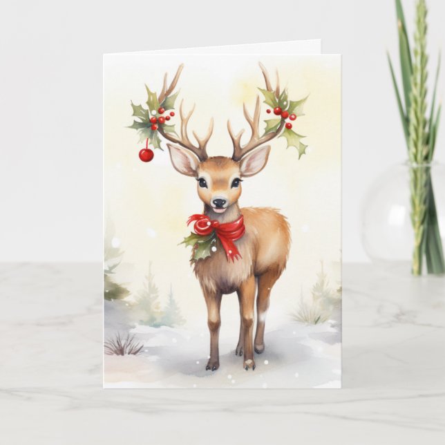 Cartão De Festividades Watercolor Christmas Reindeer (Frente)