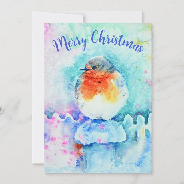 Cartão De Festividades Watercolor Christmas Robin Colorful Personalizado (Frente)