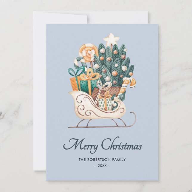 Cartão De Festividades Watercolor Christmas Sleighs Blue Non-Photo (Frente)