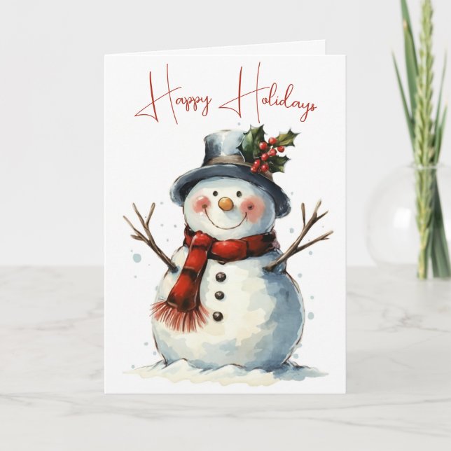 Cartão De Festividades Watercolor Christmas Snowman (Frente)