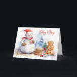 Cartão De Festividades Watercolor Christmas Snowman Com Gingerbird Man<br><div class="desc">Homem de neve bonitinho com gengibre. O texto é editável.</div>
