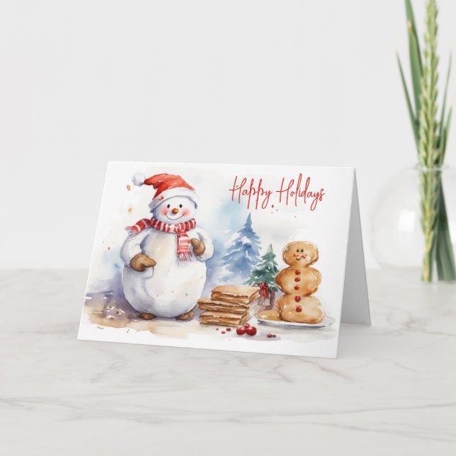 Cartão De Festividades Watercolor Christmas Snowman Com Gingerbird Man (Frente)