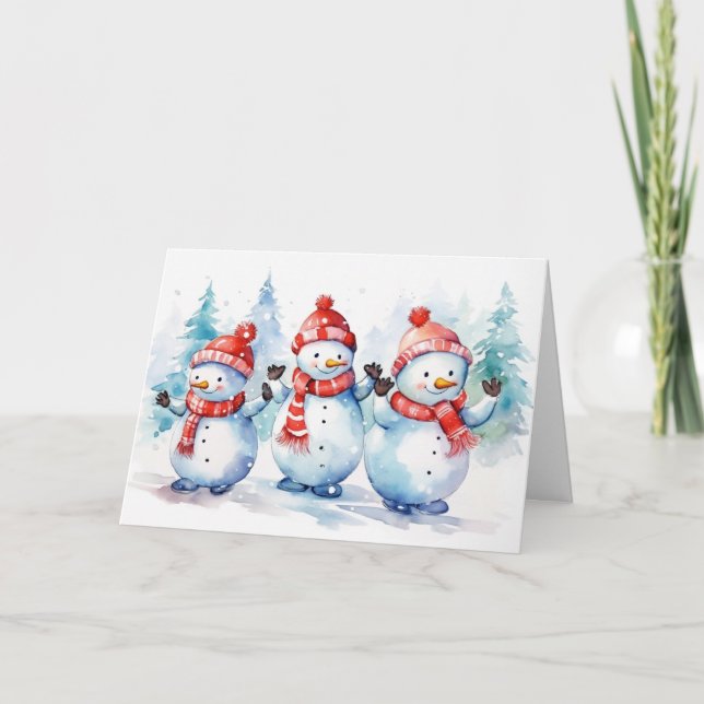 Cartão De Festividades Watercolor Christmas Snowmen (Frente)