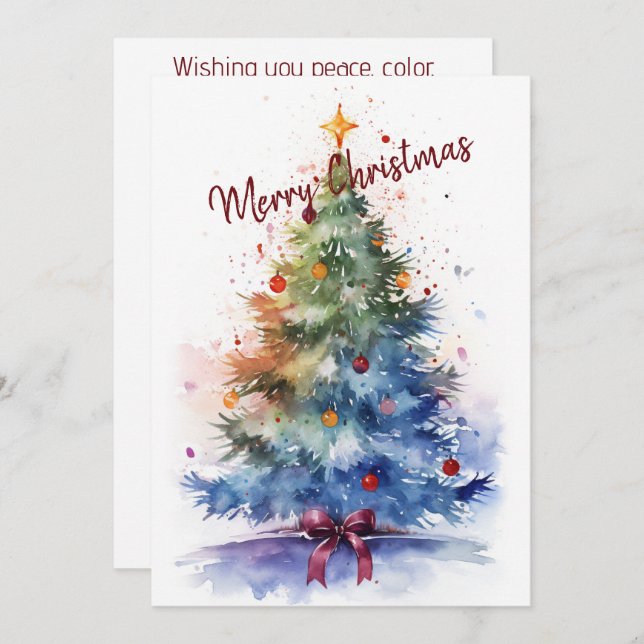 Cartão De Festividades Watercolor Christmas Tree with Red Bow  (Frente/Verso)