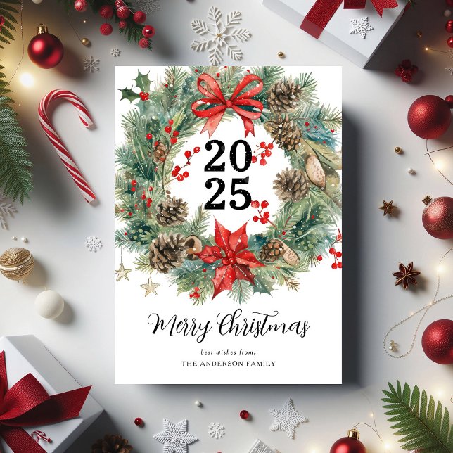 Cartão De Festividades Watercolor Christmas Wreath (Criador carregado)