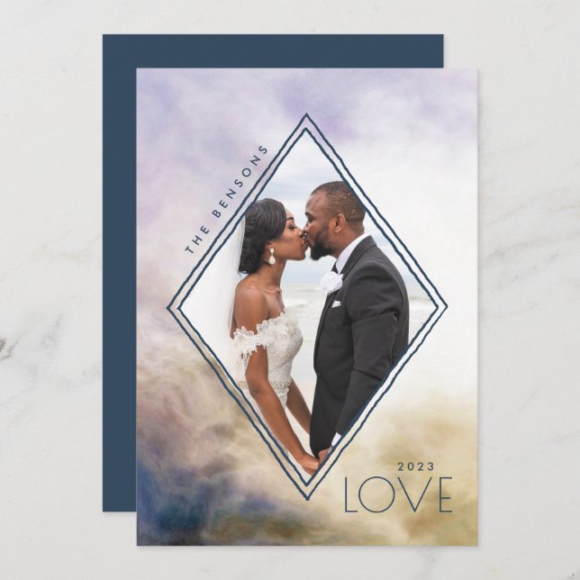 Cartão De Festividades Watercolor Diamond Love Blue Dourado Agate (Frente/Verso)