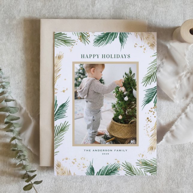 Cartão De Festividades Watercolor e Faux Foil Pine Agulha (Watercolor and Faux Foil Pine Needles Photo Happy Holidays Card)