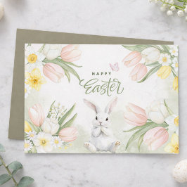 Cartão De Festividades Watercolor Easter Bunny Floral Greeting Card