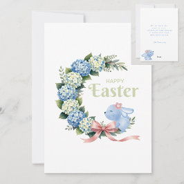 Cartão De Festividades Watercolor Easter Hydrangea Wreath Cute Bunny