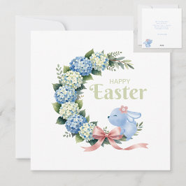 Cartão De Festividades Watercolor Easter Hydrangea Wreath Cute Bunny