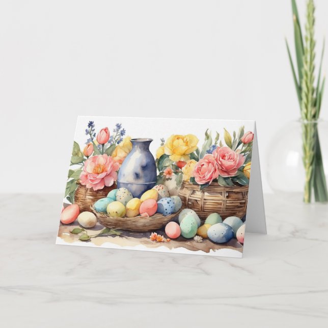 Cartão De Festividades Watercolor Easter Illustration with Flowers, Eggs (Frente)