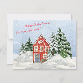 Cartão De Festividades Watercolor Felry Christmas Cozy House sob neve
