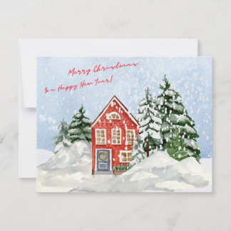 Cartão De Festividades Watercolor Felry Christmas Cozy House sob neve