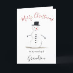 Cartão De Festividades Watercolor Felry Christmas Snowman Grandson<br><div class="desc">Feliz cartão de neto de Natal. Aquarela, boneco de neve, árvore de Natal, não foto, carta tradicional. Por favor, personalize-o com os seus detalhes.</div>