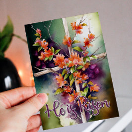 Cartão De Festividades Watercolor Floral Páscoa Cross Ele é Riscado