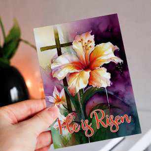 Cartão De Festividades Watercolor Floral Páscoa Cross Ele é Risen Holiday