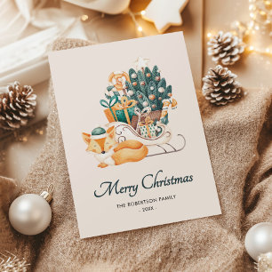 Cartão De Festividades Watercolor Fox Christmas Sleighs Non-Photo
