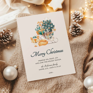 Cartão De Festividades Watercolor Fox Christmas Sleighs Non-Photo