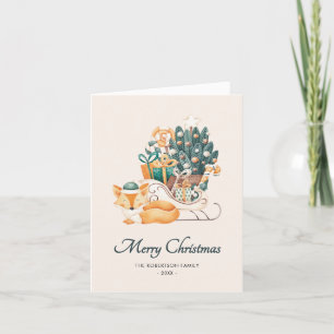 Cartão De Festividades Watercolor Fox Christmas Sleighs Non-Photo Folded