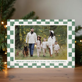 Cartão De Festividades Watercolor Green e Cream Gingham Foto de Natal
