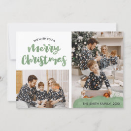 Cartão De Festividades Watercolor Green Family Photo Felry Christmas