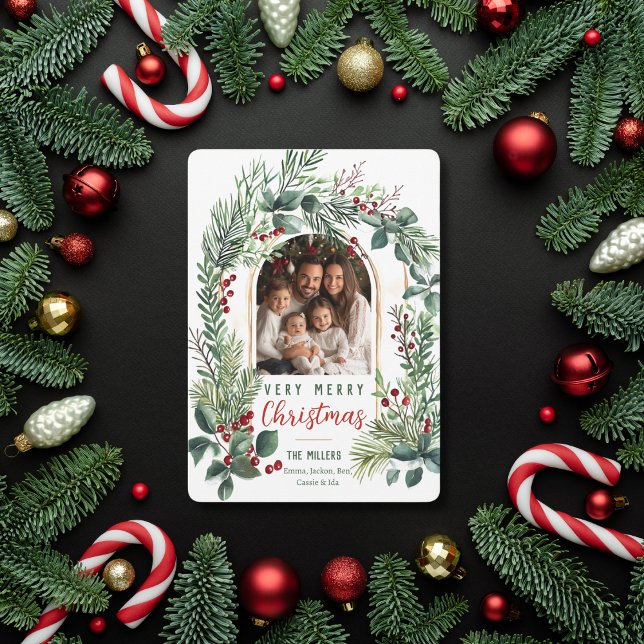 Cartão De Festividades Watercolor Greenery Arch Foto de Natal (Criador carregado)