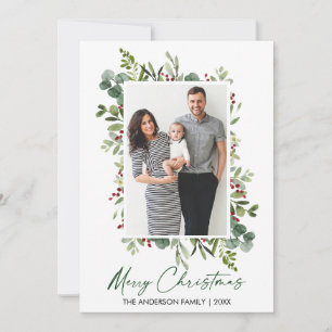 Cartão De Festividades Watercolor Greenery Berries Calliografia Tinta Ver