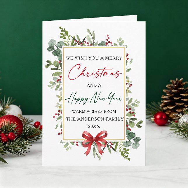 Cartão De Festividades Watercolor Greenery Christmas Red Bow New Year (Customize to add text to inside of card.)