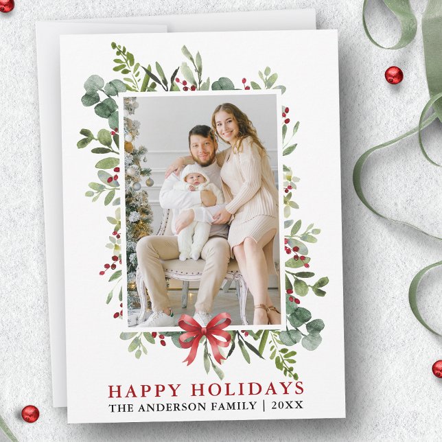 Cartão De Festividades Watercolor Greenery Happy Holidays Red Bow (Customize to add text to back of card.)