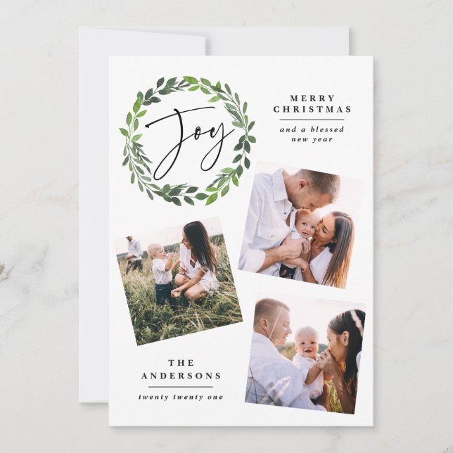 Cartão De Festividades Watercolor greenery wreath multi-photoscript joy (Frente)