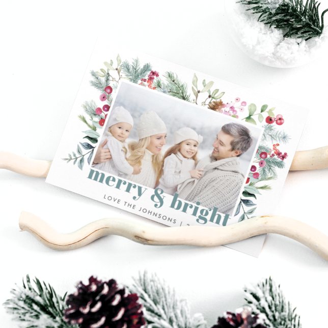 Cartão De Festividades Watercolor Greens Holly Berry Foto (Criador carregado)