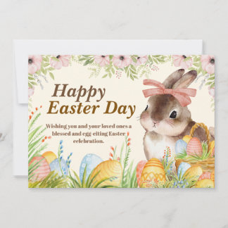 Cartão De Festividades Watercolor Happy Easter Day Floral Bunny with Bow