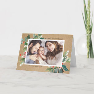 Cartão De Festividades Watercolor Hollies Kraft Paper Foto de Natal