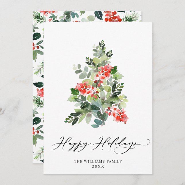 Cartão De Festividades Watercolor Holly Berry Árvore Saudação (Frente/Verso)
