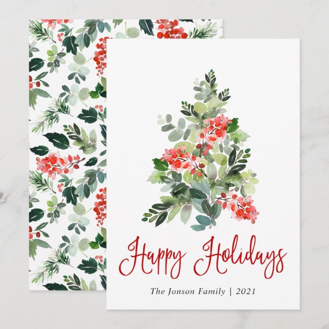 Cartão De Festividades Watercolor Holly Berry Árvore Saudação (Frente/Verso)