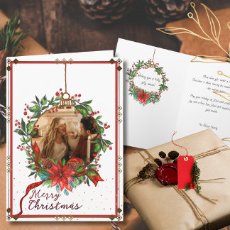 Cartão De Festividades Watercolor Holly Berry Christmas Wreath Photo Card