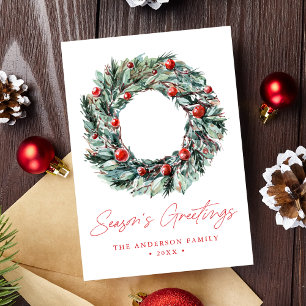 Cartão De Festividades Watercolor Holly Berry & Greenery Wreath Non-Photo