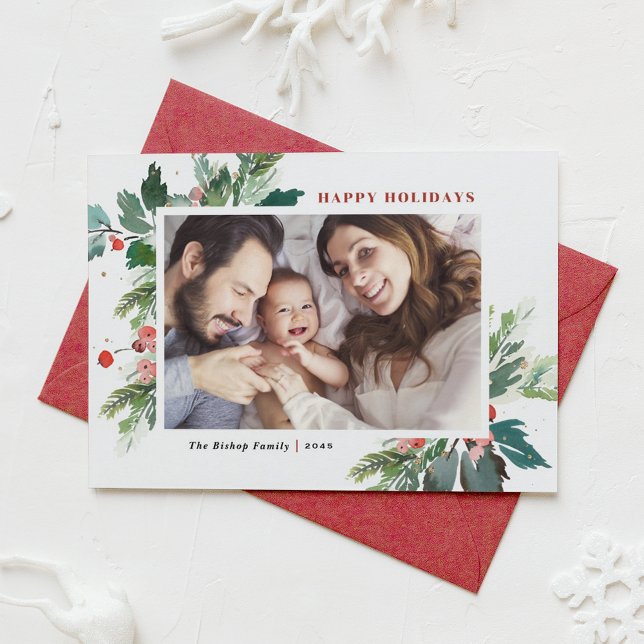 Cartão De Festividades Watercolor Holly Botanical Happy Holidays Photo (Criador carregado)