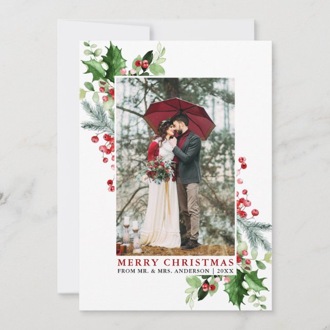 Cartão De Festividades Watercolor Holly Christmas Greenery Red Wedding (Frente)