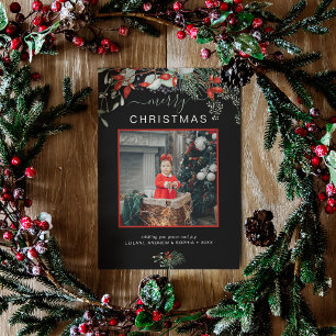 Cartão De Festividades Watercolor Holly Felry Foto de Natal Preto