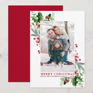 Cartão De Festividades Watercolor Holly Greenery Family Foto Red