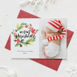 Cartão De Festividades Watercolor Holly Wreath Feliz Foto de Natal<br><div class="desc">Envie seus desejos de feriado para amigos e familiares com este cartão de Natal personalizável. Este cartão fotográfico de Natal apresenta uma coroa de água oca. Personalize adicionando seus detalhes. Este cartão verde de Natal está disponível em outras cores e estoque de papelão. Itens correspondentes estão disponíveis.</div>