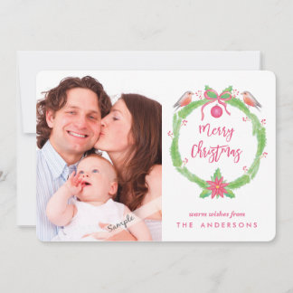 Cartão De Festividades Watercolor Holly Wreath "Felry Christmas + Phot
